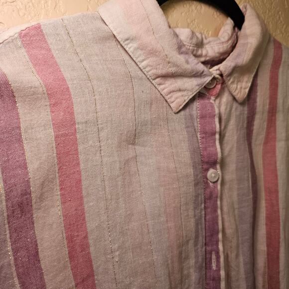 Beach Lunch Lounge Linen Blend Striped Button Down Beachy Shirt Large Preppy - Picture 2 of 11